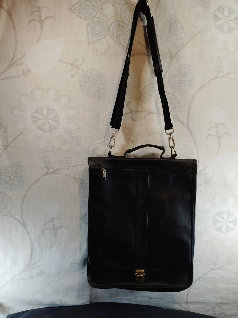 Classic Black Leather Messenger Bag with Gold-tone Hardware